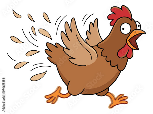 Cartoon illustration of a panicked chicken depicting frantic running with flying feathers for humor and farm design