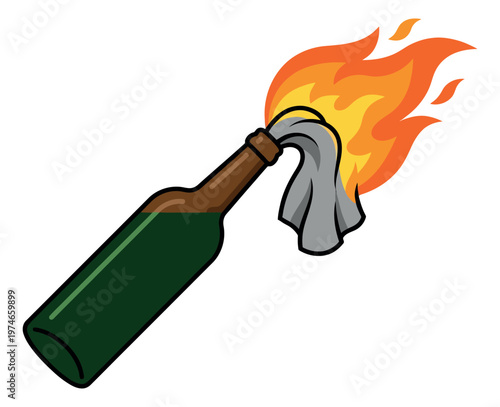 Cartoon illustration of a molotov cocktail depicting a flaming bottle with burning rag for protest and conflict themed design