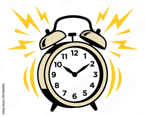 Cartoon illustration of a ringing alarm clock depicting loud wake up alert with lightning bolts for time and schedule design