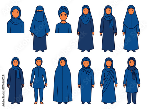Cartoon icon set of 12 Muslim women characters featuring various traditional Islamic clothing styles for cultural and diversity design