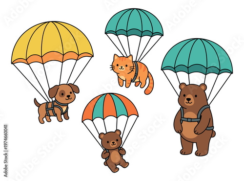 Cartoon icon set of 4 cute animals featuring dog, cat and bears skydiving with colorful parachutes for children design