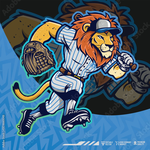 Принти на полотні Lion Baseball Mascot Vector Illustration Powerful Animal Sport Team Character