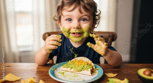 a young boy sitting at a table with a plate of food on it and chips scattered around him eating a to