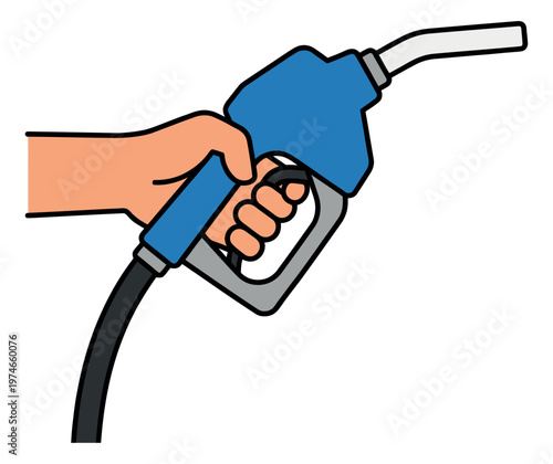Cartoon illustration of a hand holding a fuel nozzle depicting refueling action for energy and transportation design