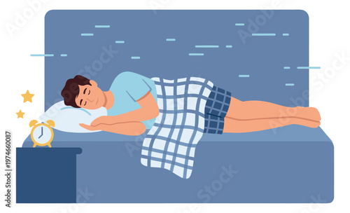Flat cartoon illustration of a man sleeping in bed depicting restful night sleep with alarm clock for health and wellness design