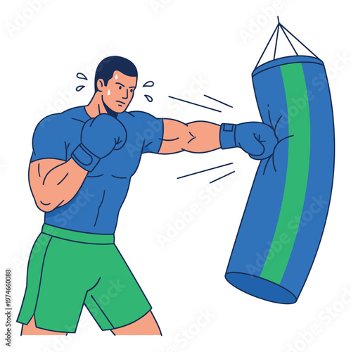 Flat illustration of a muscular boxer depicting an intense punching bag workout for fitness and sports design