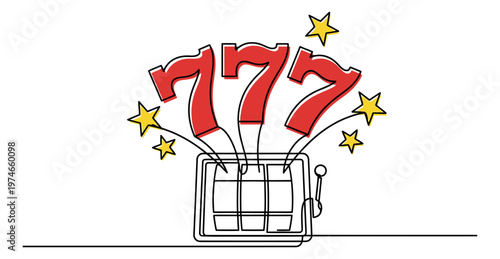 Line art illustration of slot machine depicting triple seven jackpot win with stars for casino and gambling design