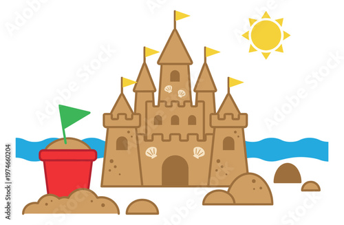 Cartoon illustration of a sand castle depicting a beach scene with bucket and ocean waves for summer holiday design