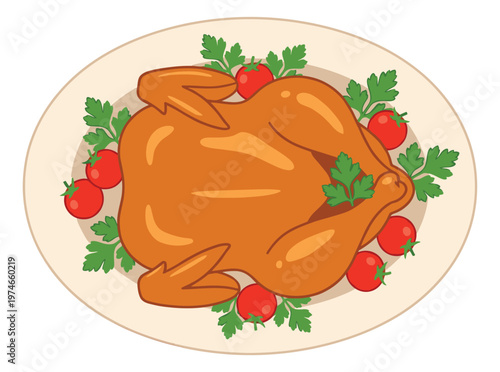 Cartoon illustration of roasted turkey on a platter depicting festive holiday meal with tomatoes and parsley garnish for thanksgiving design