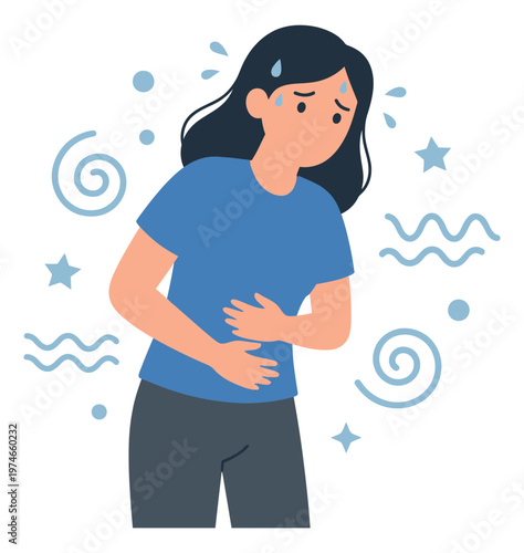 Flat illustration of a woman holding her stomach depicting abdominal pain and nausea for healthcare design