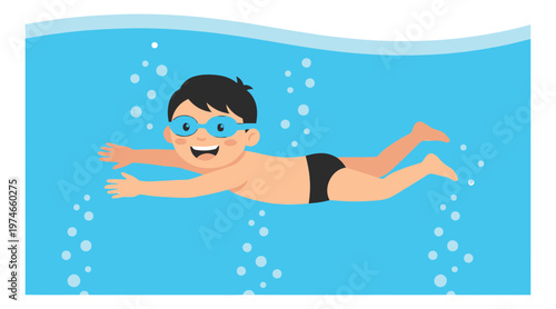 Cartoon illustration of a boy swimming underwater depicting a happy child diving in a pool for kids and recreation design