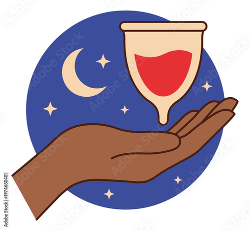 Cartoon illustration of a menstrual cup held in an open hand depicting period care at night for feminine hygiene design