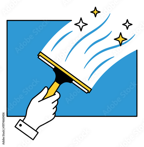 Cartoon illustration of a hand holding a squeegee depicting window cleaning with sparkle effects for cleaning service design