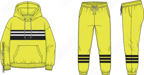 Yellow tracksuit technical sketch template featuring hoodie and jogger pants with striped details for fashion design apparel mockups and streetwear garment manufacturing illustrations.