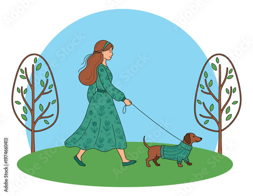 Cartoon illustration of a young woman walking a dachshund depicting a leisurely stroll in the park for pet and lifestyle design
