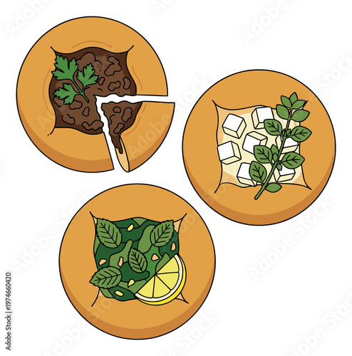 Cartoon icon set of 3 Arabic flatbread toppings featuring meat, cheese and spinach with lemon for Middle Eastern food design