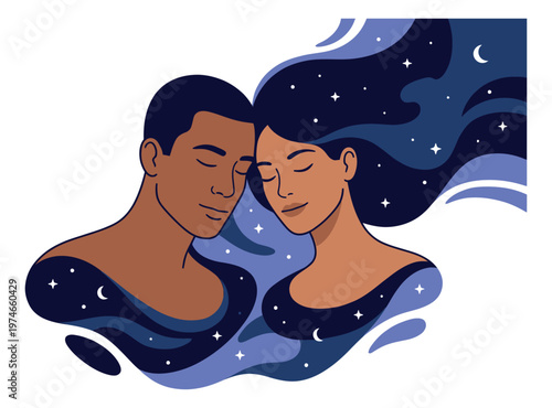 Flat illustration of couple embracing depicting romantic connection with dreamy night sky hair for love and relationship design