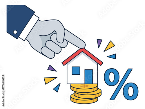 Flat illustration of hand pointing at house on coins depicting mortgage interest rate concept for real estate and finance design