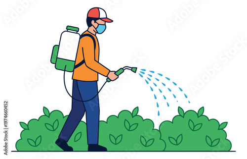 Flat illustration of a pest control worker depicting chemical spraying on garden bushes for agriculture and gardening design
