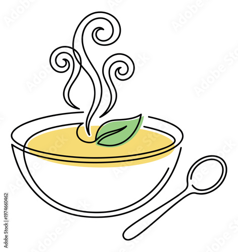 Line art illustration of a steaming soup bowl depicting hot broth with herb leaf and spoon for food and restaurant design