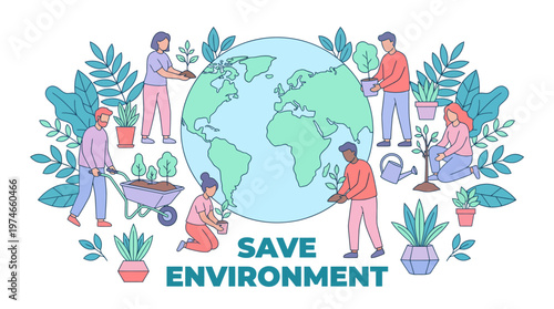 Global environmental protection illustration: diverse volunteers planting trees and conserving resources around the Earth to promote sustainable living and eco-friendly actions.
