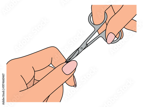 Cartoon illustration of hands cutting fingernail depicting nail care grooming routine for beauty and hygiene design