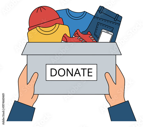 Flat illustration of hands holding a donation box depicting charity giving with clothing and accessories for nonprofit and social cause design