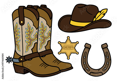 Cartoon icon set of 4 wild west elements featuring cowboy boots, sheriff badge, hat and horseshoe for western design