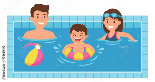 Cartoon illustration of a happy family swimming depicting parents and child playing with beach ball in pool for summer recreation design