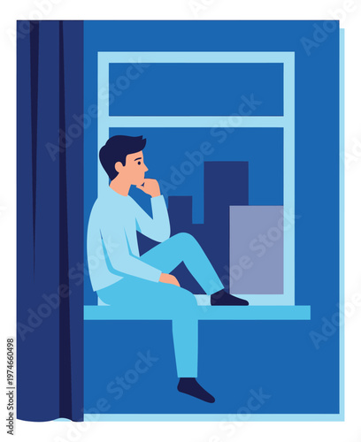 Flat illustration of a young man sitting on a windowsill depicting loneliness and contemplation at night for mental health design