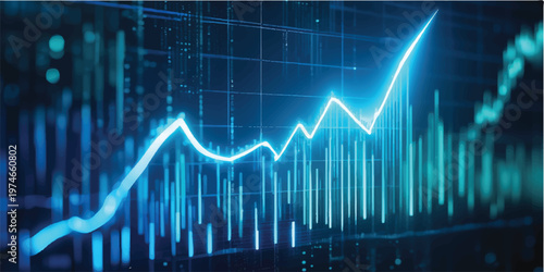 A professional financial business chart displays a successful stock market graph with a rising green line and pulse arrow indicating economic growth and data exchange