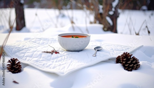 Winter Cottagecore Picnic with Thick Quilt and Hot Soup in Snowy Meadow
