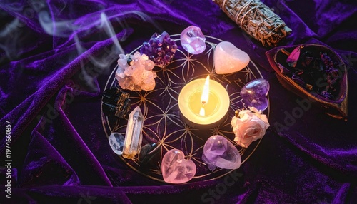 Wellness Crystal Grid Ritual with Amethyst and Clear Quartz on Velvet Cloth at Night