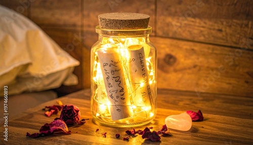 Mindful Gratitude Jar Ritual with Rolled Notes and Fairy Lights on Nightstand