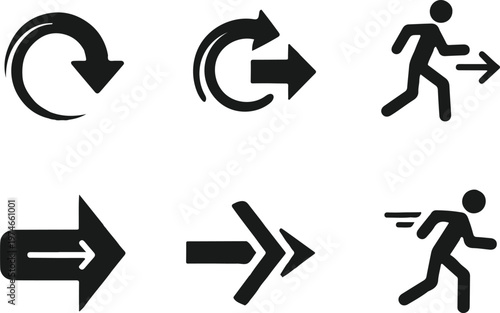 Set of arrow icons and running man symbols for navigation and direction