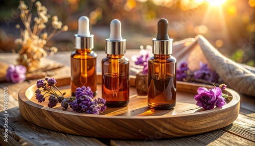 Wellness Aromatherapy Roller Bottles with Gemstone Rollers on Wooden Tray