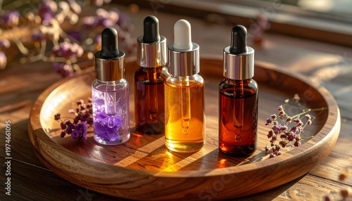 Wellness Aromatherapy Roller Bottles with Gemstone Rollers on Wooden Tray