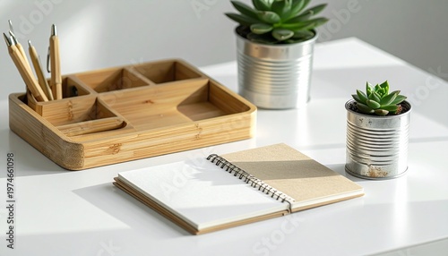 Zero-Waste Home Office Desk with Bamboo Organizer and Upcycled Paper Notebook