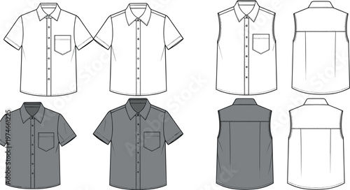 Short sleeve button down shirt and sleeveless vest technical sketch templates featuring front and back views for fashion apparel design manufacturing development illustrations.