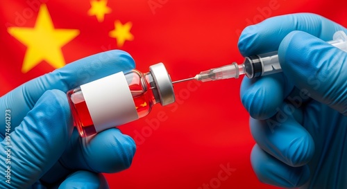 Gloved hands carefully prepare a medical syringe with a vaccine vial, holding it against a subtly blurred Chinese flag, symbolizing China's role in global health and vaccine development.