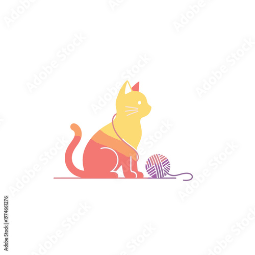 Colorful cat playing with yarn ball 1.