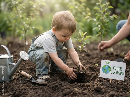 Young child plants a tree in a garden with a watering can and shovel nearby, symbolizing future guardianship and environmental care