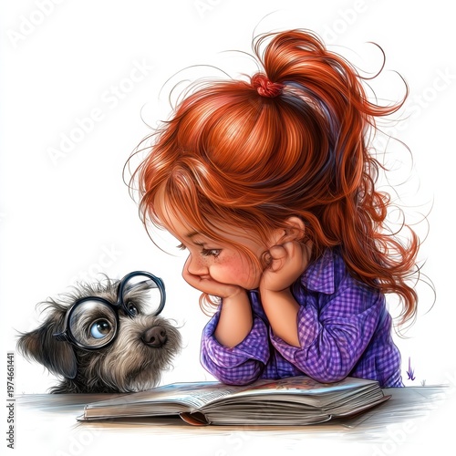 A cute cartoon illustration of a girl reading a book with her dog