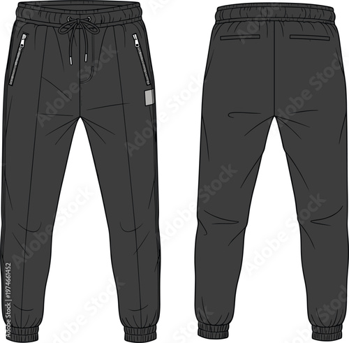 Black Jogger Pants Technical Fashion Flat Sketch Featuring Front and Back View with Drawstring Elastic Waistband Zipper Pockets and Ribbed Cuffs Apparel Design Vector Illustration