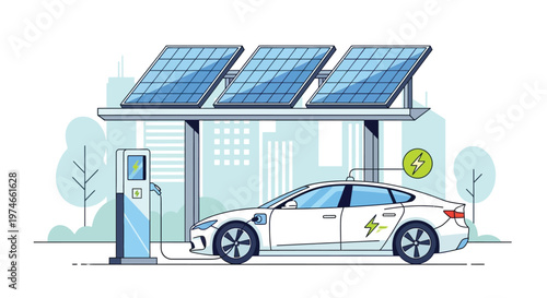 Electric car charging station powered by solar panels.