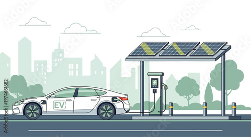 Electric car charging station with solar panels and city skyline.