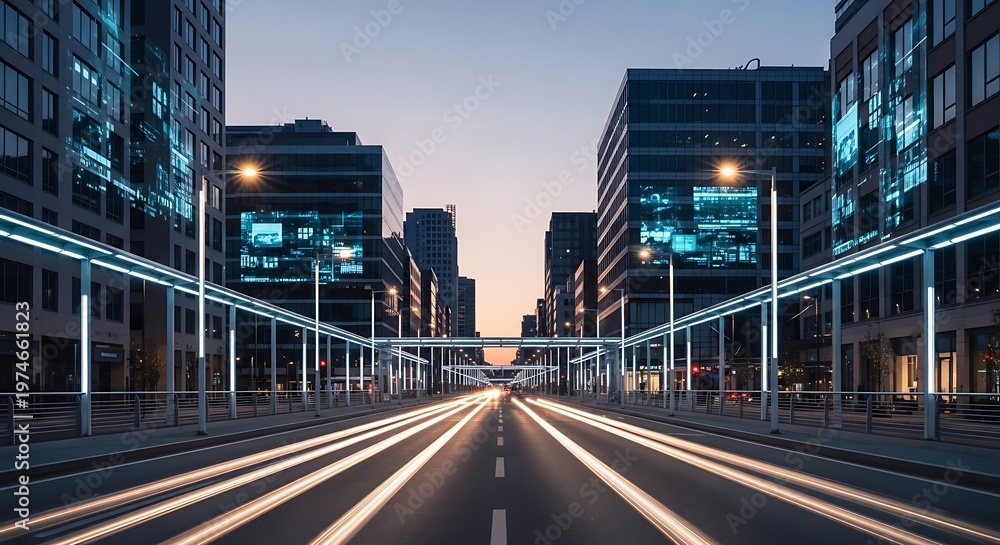 Fototapeta premium Modern city street with light trails from fast moving cars at twilight