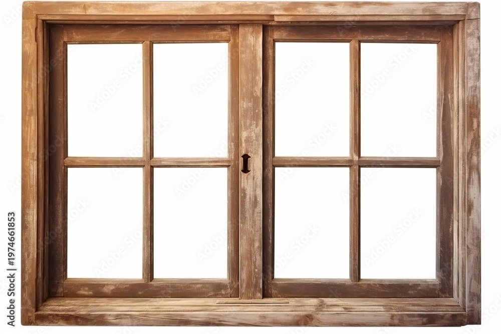 Fototapeta premium Old rustic wood window frame with transparent panes on a clean white background