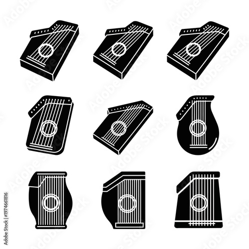 Set of Black and White Icons: Diverse Musical Instruments - Stringed Zithers