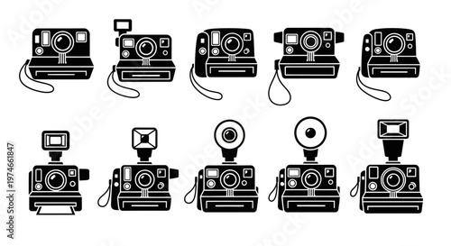 Set of Retro Instant Cameras Icons, Vintage Photography Equipment Collection